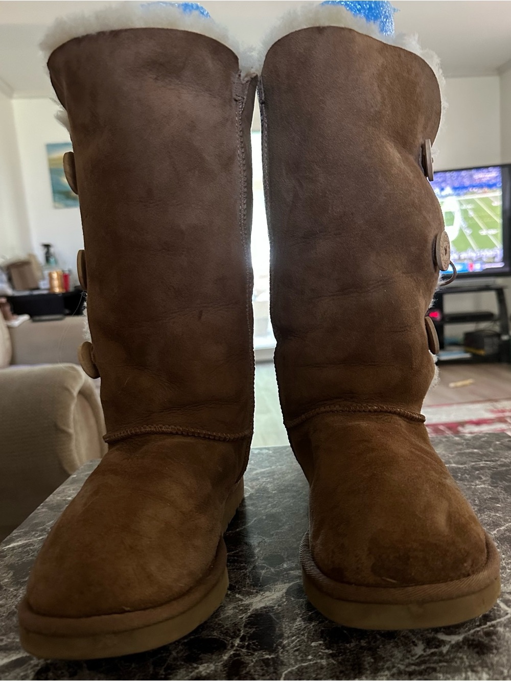 Uggs Women’s Brown Shearling Button Mid-Calf Boots - Cozy Winter Footwear